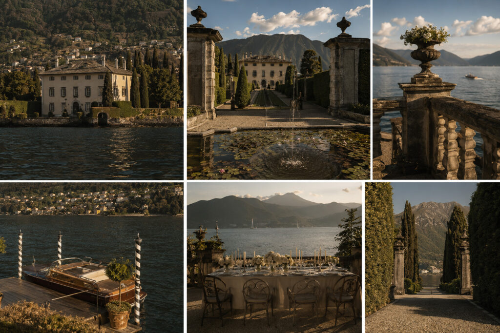 Cinematic collage of luxury villa landscapes on Lake Como with gardens, boats and elegant Italian architecture