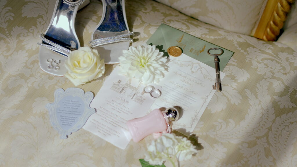 Why U.S. Couples Choose Italian Wedding Videographers 5 Luxury wedding detail flatlay on a damask chair featuring silver crystal bridal shoes, a bespoke invitation suite with a gold wax seal, wedding rings, and white flowers.