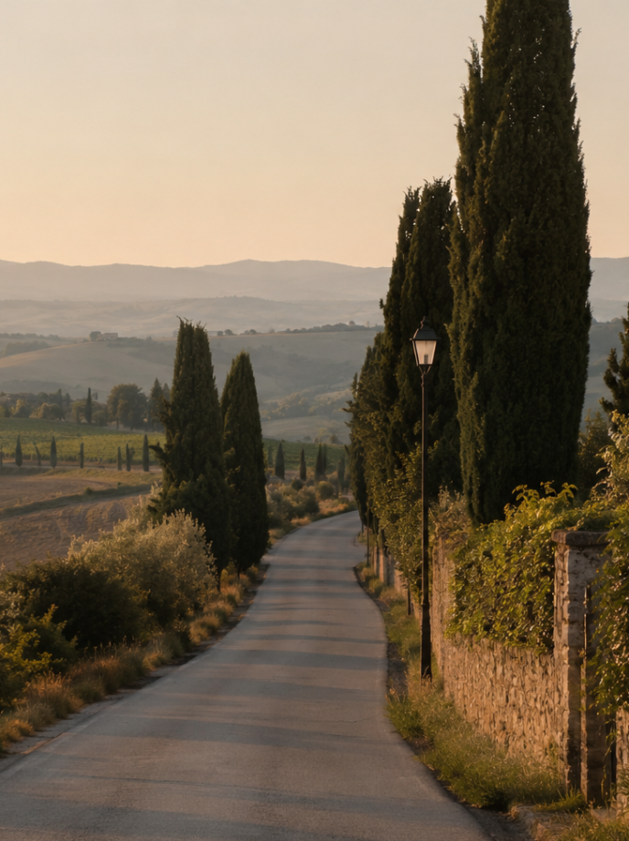 Italy Wedding videographer 1 Quiet countryside road in Tuscany surrounded by cypress trees and rolling hills at golden hour.