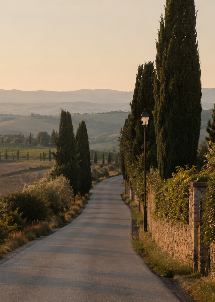 Quiet countryside road in Tuscany surrounded by cypress trees and rolling hills at golden hour.