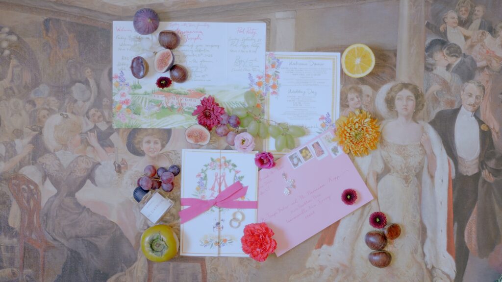 Luxury wedding invitation flat lay with floral stationery, colorful fruit, vintage artwork and elegant Italian wedding details.