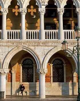 Wedding Videographer Venice 2 Luxury wedding videographer Venice — Gothic arcade of the Doge's Palace near St Mark's Square, golden afternoon light